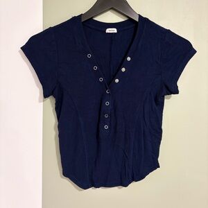 Garage Navy Short Sleeve Tee with Button Detail